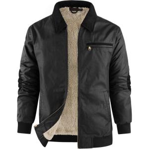 imageFlygo Mens Sherpa Lined Detroit Jacket Winter Warm Fleece Coat Waxed Washed Canvas Rugged Waterproof JacketsBlack