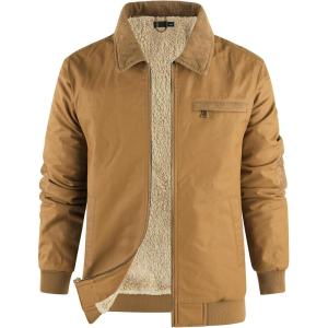 imageFlygo Mens Sherpa Lined Detroit Jacket Winter Warm Fleece Coat Waxed Washed Canvas Rugged Waterproof JacketsCamel