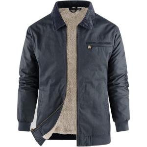 imageFlygo Mens Sherpa Lined Detroit Jacket Winter Warm Fleece Coat Waxed Washed Canvas Rugged Waterproof JacketsGreyblue