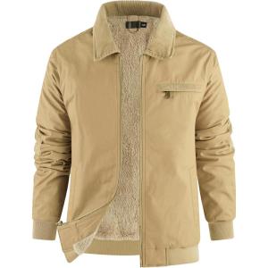 imageFlygo Mens Sherpa Lined Detroit Jacket Winter Warm Fleece Coat Waxed Washed Canvas Rugged Waterproof JacketsKhaki