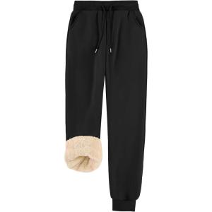 imageFlygo Women Fleece Sherpa Lined Sweatpants Winter Warm Thermal High Elastic Waisted Drawstring Athletic Joggers with PocketsBlack