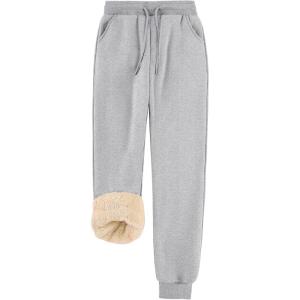 imageFlygo Women Fleece Sherpa Lined Sweatpants Winter Warm Thermal High Elastic Waisted Drawstring Athletic Joggers with PocketsLightgrey