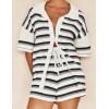 imageFlygo Striped Crochet Pajama Sets for Women 2 Piece Lounge Sets Short Sleeve Knit Button Tops Drawstring Shorts OutfitsBlack