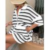 imageFlygo Striped Crochet Pajama Sets for Women 2 Piece Lounge Sets Short Sleeve Knit Button Tops Drawstring Shorts OutfitsBlack