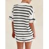 imageFlygo Striped Crochet Pajama Sets for Women 2 Piece Lounge Sets Short Sleeve Knit Button Tops Drawstring Shorts OutfitsBlack