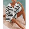 imageFlygo Striped Crochet Pajama Sets for Women 2 Piece Lounge Sets Short Sleeve Knit Button Tops Drawstring Shorts OutfitsBlack