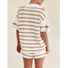 imageFlygo Striped Crochet Pajama Sets for Women 2 Piece Lounge Sets Short Sleeve Knit Button Tops Drawstring Shorts OutfitsKhakipink