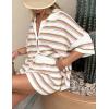 imageFlygo Striped Crochet Pajama Sets for Women 2 Piece Lounge Sets Short Sleeve Knit Button Tops Drawstring Shorts OutfitsKhakipink