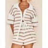 imageFlygo Striped Crochet Pajama Sets for Women 2 Piece Lounge Sets Short Sleeve Knit Button Tops Drawstring Shorts OutfitsKhakipink