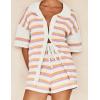 imageFlygo Striped Crochet Pajama Sets for Women 2 Piece Lounge Sets Short Sleeve Knit Button Tops Drawstring Shorts OutfitsOrangepurple