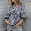 imageFlygo Tie Open Front Babydoll Tops for Women Cute 34 Puff Sleeve Plaid Ruffle Hem Peplum Blouse Shirt Girls Lace TopsBlack