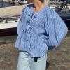 imageFlygo Tie Open Front Babydoll Tops for Women Cute 34 Puff Sleeve Plaid Ruffle Hem Peplum Blouse Shirt Girls Lace TopsBlue