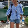 imageFlygo Tie Open Front Babydoll Tops for Women Cute 34 Puff Sleeve Plaid Ruffle Hem Peplum Blouse Shirt Girls Lace TopsBlue