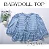 imageFlygo Tie Open Front Babydoll Tops for Women Cute 34 Puff Sleeve Plaid Ruffle Hem Peplum Blouse Shirt Girls Lace TopsBlue