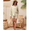 imageFlygo Womens Cotton 2 Piece Outfits Lounge Sets Oversized Button Down Shirts Shorts Pajama Set Tracksuit Vacation OutfitsLight Khaki