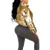 imageFlygo Womens Metallic Shiny Cropped Quilted Puffer Jacket  Zip Up Padded Down Coat OuterwearGold