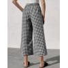 imageFlygo Womens Wide Leg Gingham Capri Pants Cotton Elastic Waisted Plaid Palazzo Bottoms Flowy Trousers with PocketsBlack