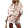 imageFlygo Striped Crochet Pajama Sets for Women 2 Piece Lounge Sets Short Sleeve Knit Button Tops Drawstring Shorts OutfitsOrangepurple