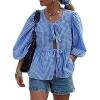 imageFlygo Tie Open Front Babydoll Tops for Women Cute 34 Puff Sleeve Plaid Ruffle Hem Peplum Blouse Shirt Girls Lace TopsBlue
