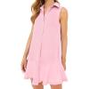 imageFlygo Tunic Mini Shirt Dresses for Women 2024 Button Down Sleeveless Cotton Shirt Dress Ruffle Shift Dresses with PocketsPink