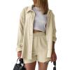 imageFlygo Womens Cotton 2 Piece Outfits Lounge Sets Oversized Button Down Shirts Shorts Pajama Set Tracksuit Vacation OutfitsLight Khaki