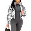 imageFlygo Womens Metallic Shiny Cropped Quilted Puffer Jacket  Zip Up Padded Down Coat OuterwearSilver