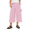 imageFlygo Womens Wide Leg Gingham Capri Pants Cotton Elastic Waisted Plaid Palazzo Bottoms Flowy Trousers with PocketsPink