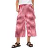 imageFlygo Womens Wide Leg Gingham Capri Pants Cotton Elastic Waisted Plaid Palazzo Bottoms Flowy Trousers with PocketsRed