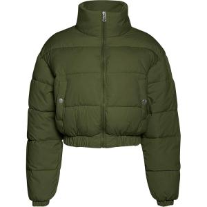 imageFlygo Cropped Puffer Jacket Women 2025 Winter Warm Zip Up Padded Short Quilted Jackets Down CoatArmy Green