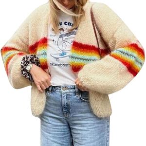 imageFlygo Fall Cardigans for Women 2024 Color Block Striped Cardigan Sweater Lightweight Open Front Cardigan Sweaters TopsBeigeL