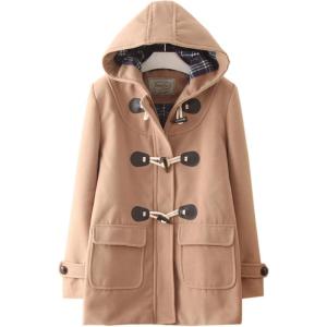 imageFlygo Girls Classic Horn Button Duffle Coat Hooded Wool Blended Pea Coat