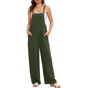 imageFlygo Overalls for Women Loose Fit Cotton Linen Bib Overalls Wide Leg Jumpsuits Casual 2025 Summer RompersArmy Green