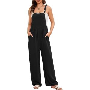 imageFlygo Overalls for Women Loose Fit Cotton Linen Bib Overalls Wide Leg Jumpsuits Casual 2025 Summer RompersBlack