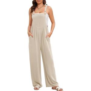 imageFlygo Overalls for Women Loose Fit Cotton Linen Bib Overalls Wide Leg Jumpsuits Casual 2025 Summer RompersKhaki