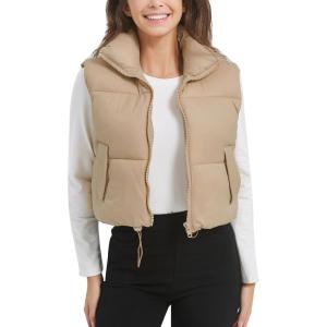 imageFlygo Puffer Vest Women Cropped Vest Zip Up Stand Collar Sleeveless Lightweight Winter Down Vests JacketKhaki