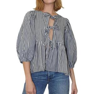 imageFlygo Tie Open Front Babydoll Tops for Women Cute 34 Puff Sleeve Plaid Ruffle Hem Peplum Blouse Shirt Girls Lace TopsBlack