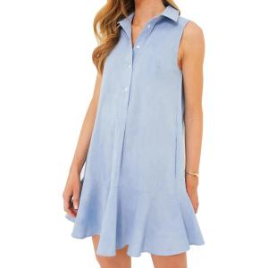 imageFlygo Tunic Mini Shirt Dresses for Women 2024 Button Down Sleeveless Cotton Shirt Dress Ruffle Shift Dresses with PocketsBlue