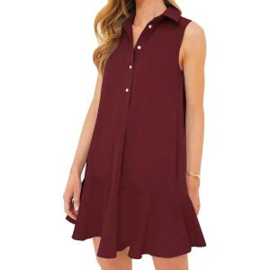 imageFlygo Tunic Mini Shirt Dresses for Women 2024 Button Down Sleeveless Cotton Shirt Dress Ruffle Shift Dresses with PocketsRed