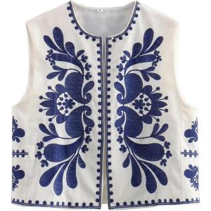 imageFlygo Women Vintage Embroidered Vest Boho Floral Vest Sleeveless Open Front Cropped 70s Vests Cardigan Waistcoat