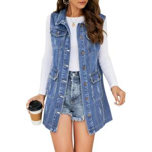imageFlygo Womens Casual Button Up Sleeveless Denim Jean Mid Long Vest Gilet Jacket01 Mid Blue