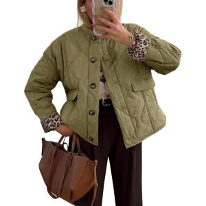 imageFlygo Womens Casual Quilted Puffer Jacket Leopard Lined Collarless Cropped Button Down Winter Warm Lightweight Bomber CoatArmy Green