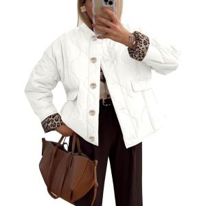 imageFlygo Womens Casual Quilted Puffer Jacket Leopard Lined Collarless Cropped Button Down Winter Warm Lightweight Bomber CoatBeige