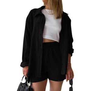 imageFlygo Womens Cotton 2 Piece Outfits Lounge Sets Oversized Button Down Shirts Shorts Pajama Set Tracksuit Vacation OutfitsBlack