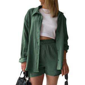 imageFlygo Womens Cotton 2 Piece Outfits Lounge Sets Oversized Button Down Shirts Shorts Pajama Set Tracksuit Vacation OutfitsGreen