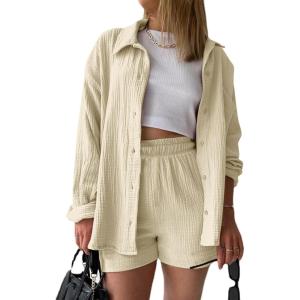 imageFlygo Womens Cotton 2 Piece Outfits Lounge Sets Oversized Button Down Shirts Shorts Pajama Set Tracksuit Vacation OutfitsLight Khaki