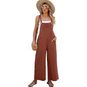 imageFlygo Womens Cotton Bib Overalls Loose Fit Wide Leg Jumpsuits Casual Rompers with PocketsBrick Red