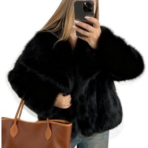 imageFlygo Womens Faux Fur Coat Fluffy Faux Fur Jacket Long Sleeve Lapel Furry Winter Jackets Shaggy Parka Short CoatBlack