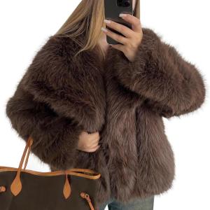 imageFlygo Womens Faux Fur Coat Fluffy Faux Fur Jacket Long Sleeve Lapel Furry Winter Jackets Shaggy Parka Short CoatBrown