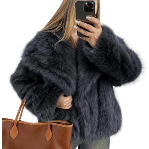 imageFlygo Womens Faux Fur Coat Fluffy Faux Fur Jacket Long Sleeve Lapel Furry Winter Jackets Shaggy Parka Short CoatDark Grey