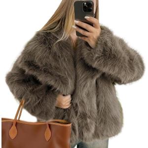 imageFlygo Womens Faux Fur Coat Fluffy Faux Fur Jacket Long Sleeve Lapel Furry Winter Jackets Shaggy Parka Short CoatLight Brown